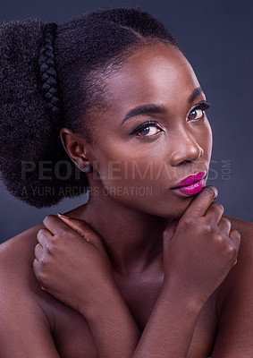 Buy stock photo Portrait, studio and black woman for beauty, cosmetic and makeup for cosmetology. Face, skincare and wellness for calm female model, lipstick and spa or salon collagen treatment glow with hands