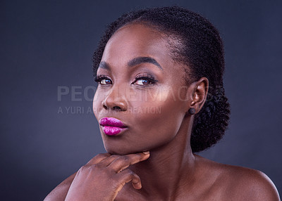 Buy stock photo Portrait, studio and black woman for beauty, hand and makeup for cosmetology. Face, skincare and wellness for vibrant African model, lipstick and smile for salon collagen treatment glow for cosmetics