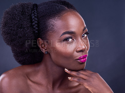 Buy stock photo Portrait, studio and black woman for beauty, hands and pose with dark background. Face, makeup or skincare for wellness for calm female model, lipstick or cosmetology or salon collagen treatment glow