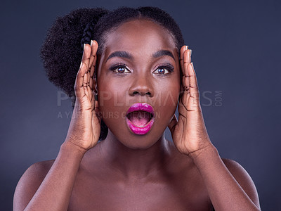 Buy stock photo Black woman, portrait and studio on dark background, open mouth and pose or facial expression, amazed and shocked. Surprised, beauty and hands on face for wow, surprise and make up for healthy, skin