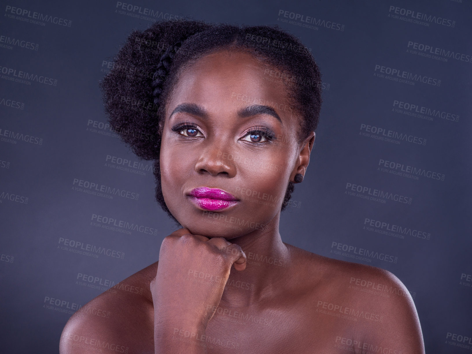 Buy stock photo African woman, beauty and portrait in studio with serious face for confidence and cosmetics. Young model with skincare, dermatology and foundation or makeup for cosmetology on dark or gray background