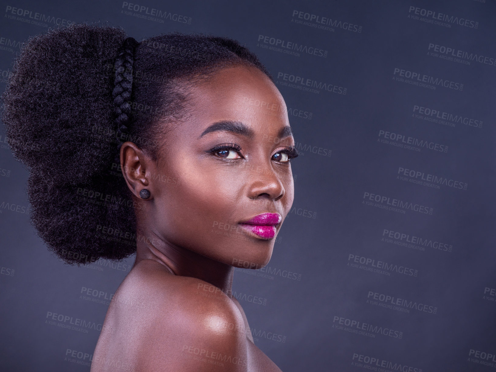 Buy stock photo Portrait, studio and black woman for beauty, cosmetic and makeup for cosmetology. Face, skincare and wellness for dermatology with calm African model, salon treatment and luxury collagen facial