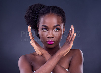 Buy stock photo Black woman, hands and beauty in studio with makeup, vibrant and cosmetology for confident portrait with glow skin. Natural, wellness and African model for empowerment, gesture on black background