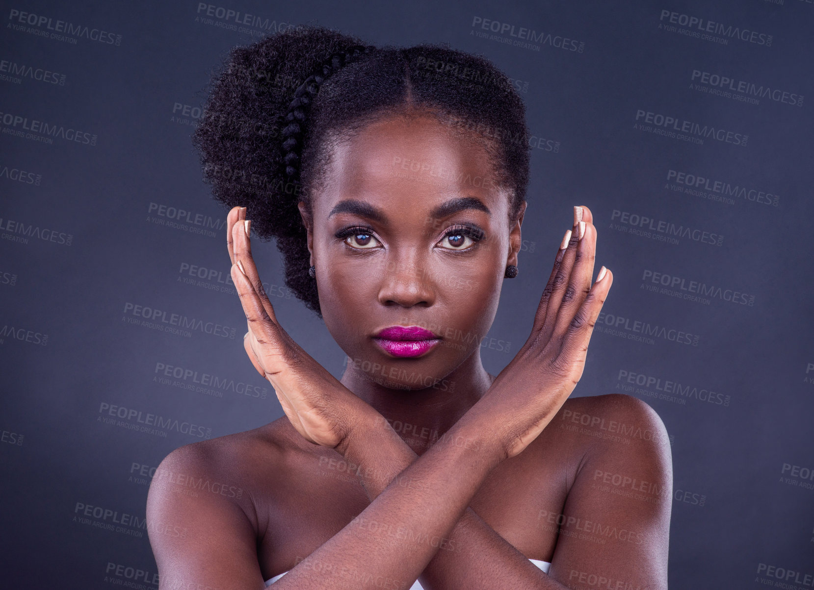 Buy stock photo Black woman, hands and beauty in studio with makeup, vibrant and cosmetology for confident portrait with glow skin. Natural, wellness and African model for empowerment, gesture on black background
