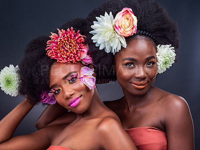 Buy stock photo Black woman, portrait and afro hair care in studio with flower nature for organic beauty, makeup or eco friendly. Female people, friends and face on grey background for cosmetics, creative or plants