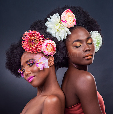 Buy stock photo African, friends and beauty with flowers in makeup and art in dark background, studio and mockup. Floral, cosmetics and creative black woman in portrait with natural or sustainable skincare in spring