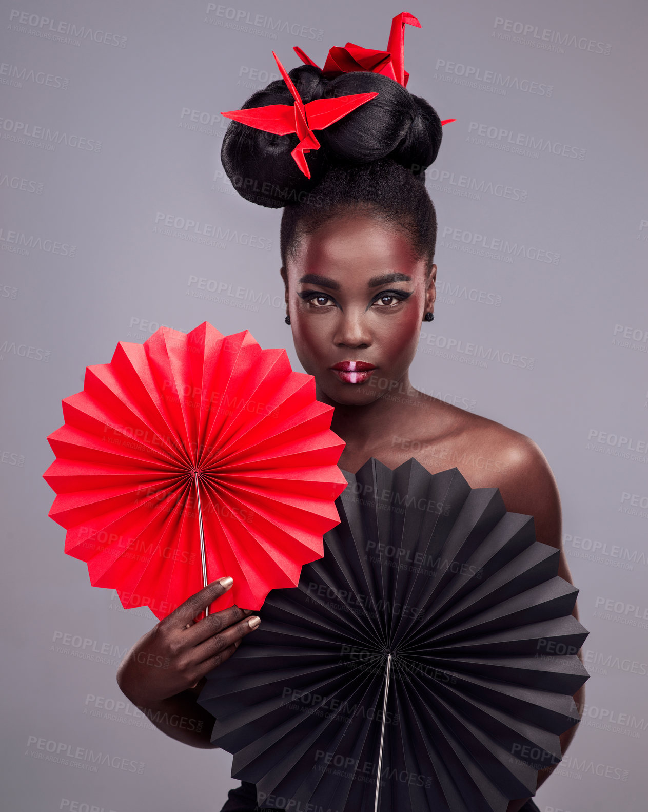 Buy stock photo Beauty, makeup and origami with portrait of black woman in studio for creative, art and culture. Traditional, cosmetics and paper design with model on grey background for asian, retro or color