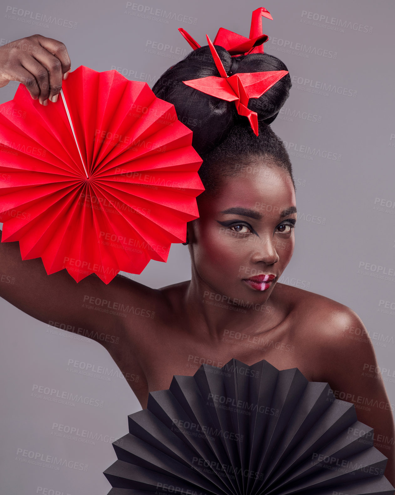 Buy stock photo Creative beauty, portrait and makeup with black woman in studio for art and culture. Fashion, cosmetics and paper design with female model on grey background for asian,  origami or color
