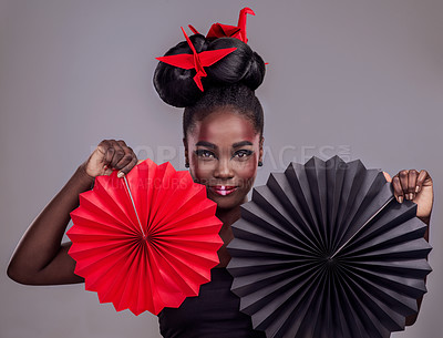 Buy stock photo Culture, makeup and creative with portrait of black woman in studio for origami, art and beauty. Traditional, cosmetics and paper design with model on grey background for asian, retro or color
