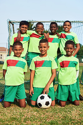 Buy stock photo Portrait of a boys soccer team on a sports field