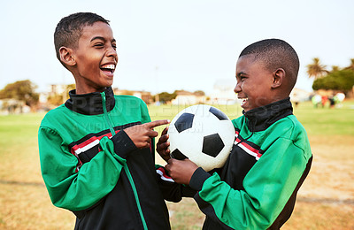 Buy stock photo Happy boys, friends and laughing with soccer ball for sports, match or funny game together on grass field. Young male person, athlete or football players with smile for humor or joke on outdoor pitch