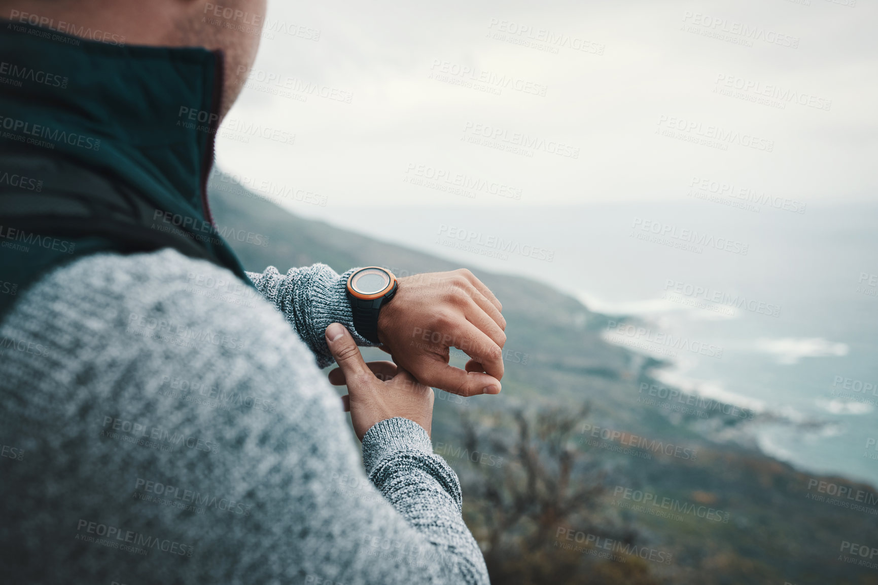 Buy stock photo Hiking, watch and hand with man on mountain for explore, travel and adventure. Challenge, wellness and time with closeup of  person and trekking in nature for backpacking, fitness and vacation