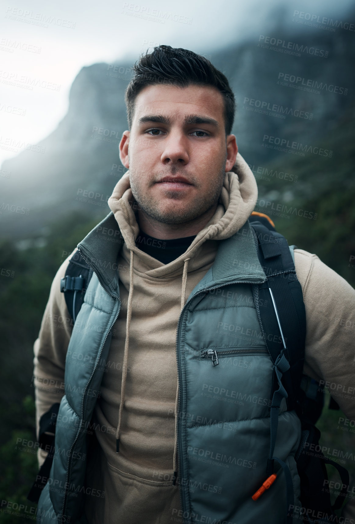 Buy stock photo Hiking, health and portrait with man on mountain for explore, travel and adventure. Challenge, wellness and camping holiday with person and trekking in nature for backpacking, fitness and vacation