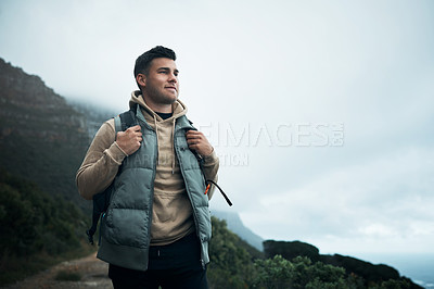 Buy stock photo Mountains, hiking and man with fitness, travel and nature with exercise, recreation and explore. Healthy person, outdoor or hiker with hobby, adventure and journey with wellness, smile or environment