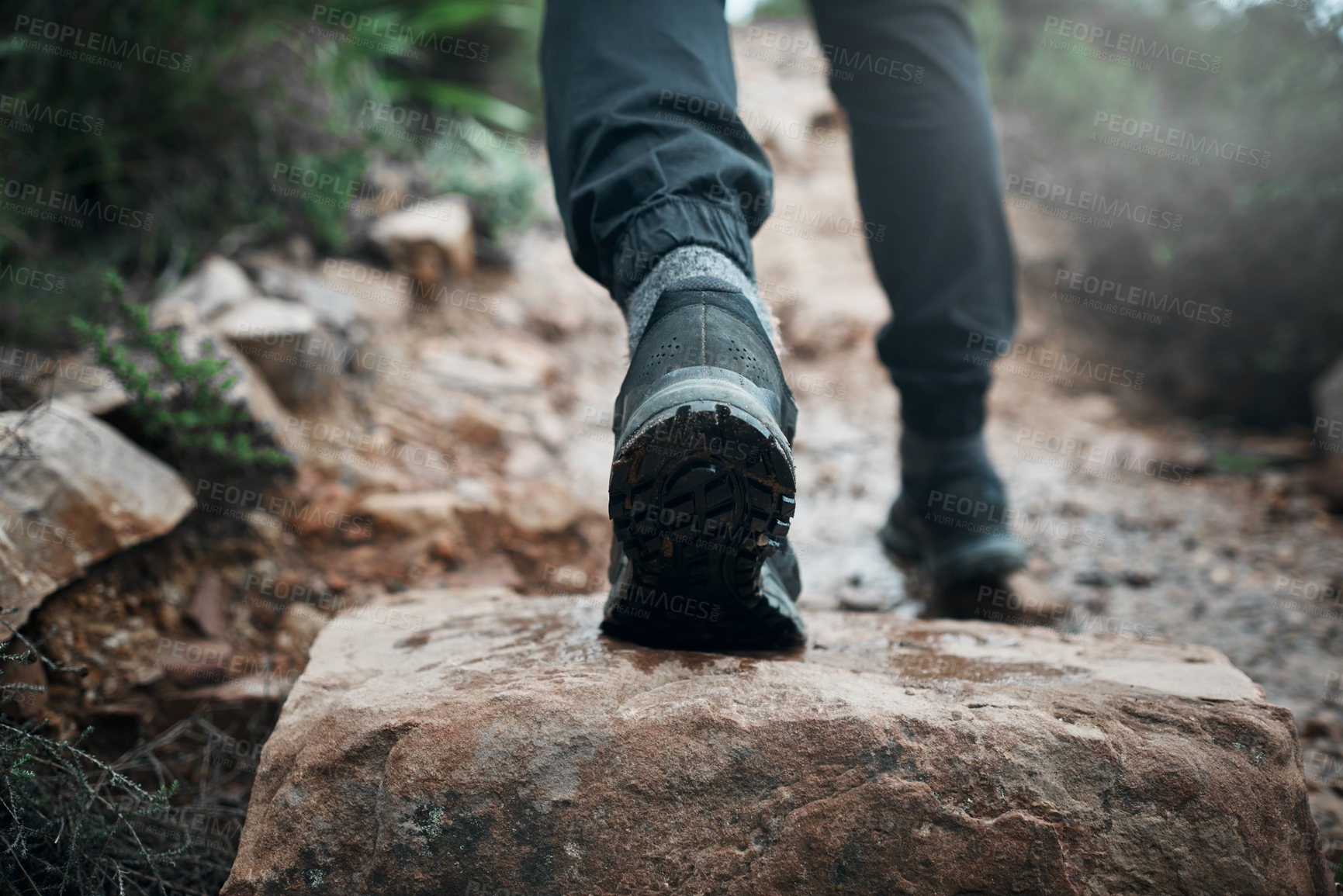 Buy stock photo Hiking, shoes and rocks with person on mountain for explore, health and adventure. Challenge, wellness and holiday with closeup trekking in nature path for walking, fitness and camping vacation