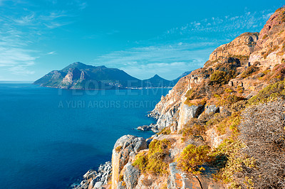 Buy stock photo A photo mountains, coast and ocean from Shapmanns Peak, with Hout Bay in the background. Close to Cape Town