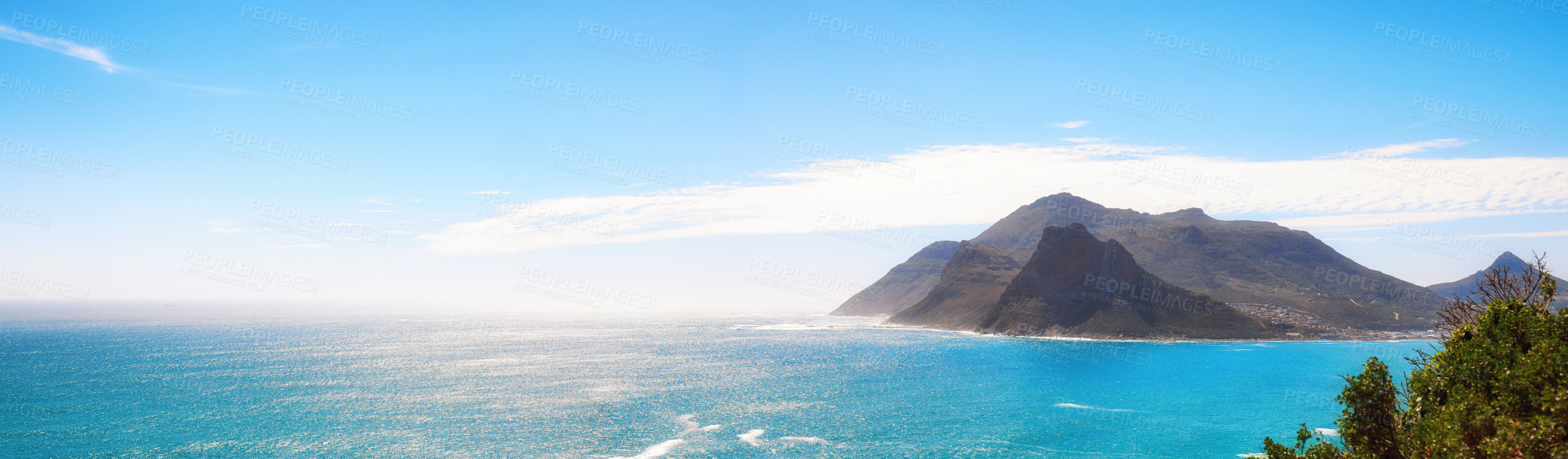 Buy stock photo A photo mountains, coast and ocean from Shapmanns Peak, with Hout Bay in the background. Close to Cape Town