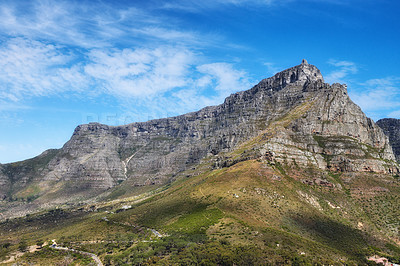 Buy stock photo Copyspace landscape view of Table Mountain in Cape Town, South Africa. Beautiful scenic popular natural landmark and tourist attraction for hiking and adventure while on a getaway vacation in nature