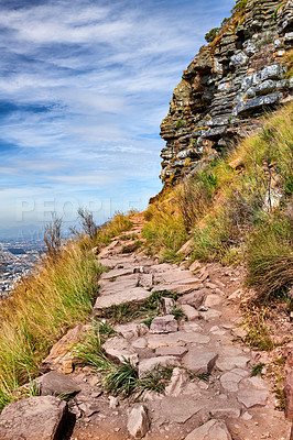 Buy stock photo Mountain trails on Lion's Head, Table Mountain National Park, Cape Town, South Africa. A famous landmark and hiking paradise for tourists and locals. Untouched terrain showing a natural wonder