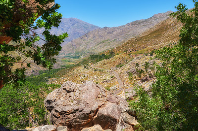 Buy stock photo Rocky Table Mountain with lush trees and plants against a blue sky background. Majestic view of vegetation growing on a hill and cliff in nature. Beautiful travel destination and tourist attraction 