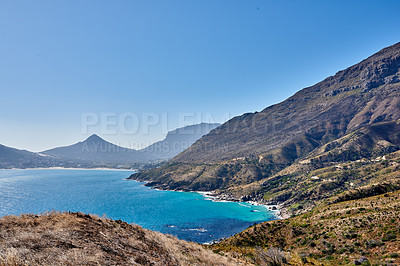 Buy stock photo A photo mountains, coast and ocean from Shapmanns Peak, with Hout Bay in the background. Close to Cape Town