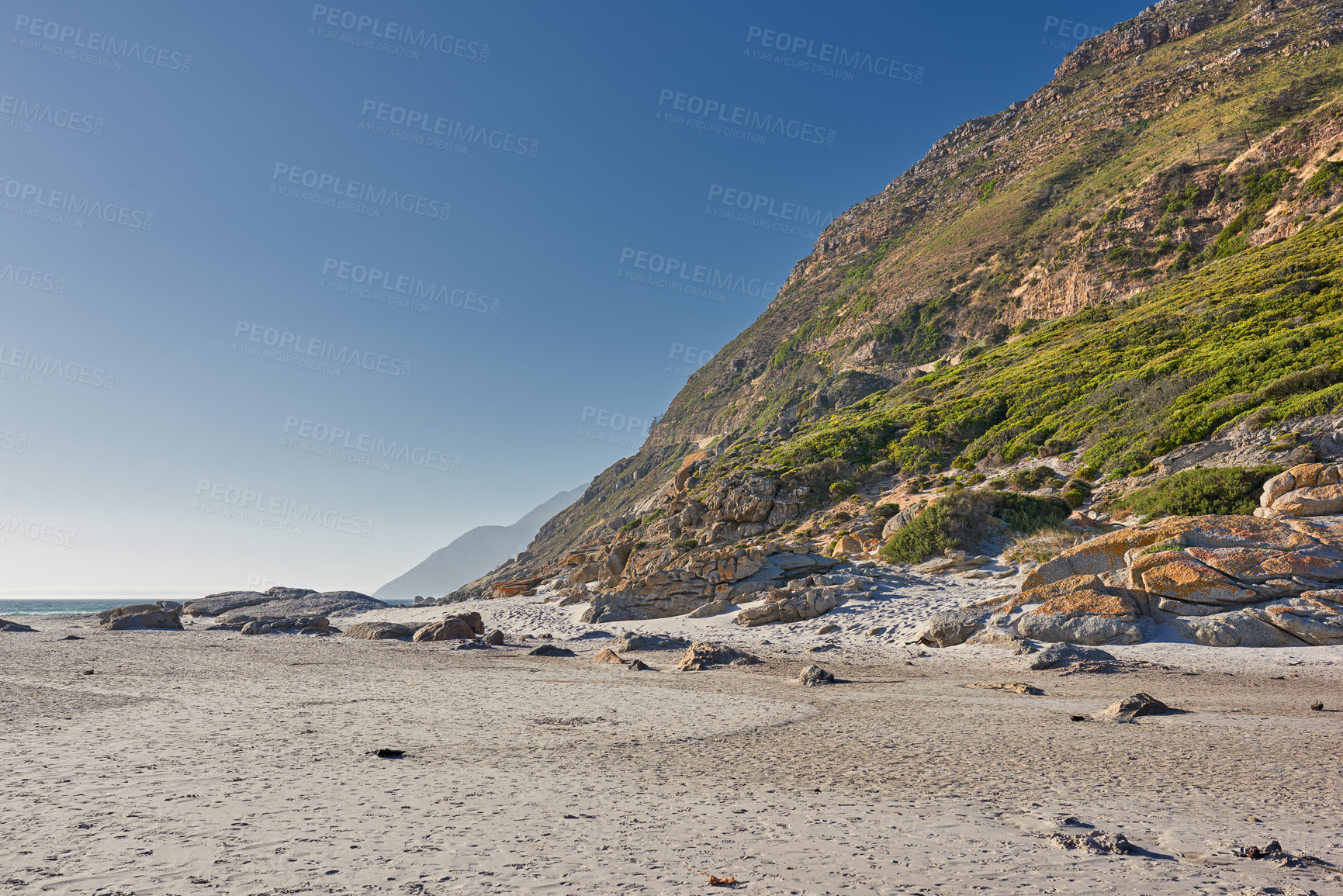 Buy stock photo Copyspace landscape view of the rocky coast of Western Cape in South Africa. Beautiful scenery on the seashore at the beach during summer in a popular tourist city. Natural environment of the ocean