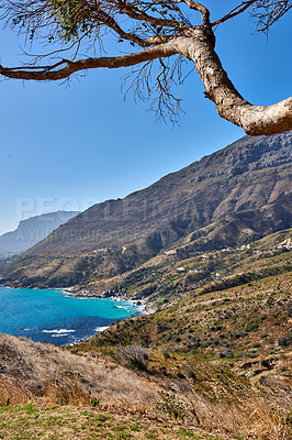 Buy stock photo A photo mountains, coast and ocean from Shapmanns Peak, with Hout Bay in the background. Close to Cape Town