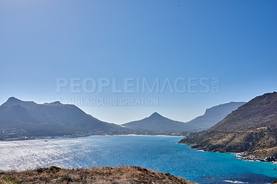 Buy stock photo A photo mountains, coast and ocean from Shapmanns Peak, with Hout Bay in the background. Close to Cape Town