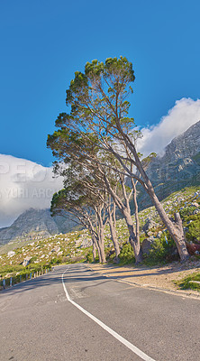 Buy stock photo Countryside road by the mountains winding through a scenic rocky hill. Street on the mountain with green trees and cloudy blue sky copy space. A nature path for traveling or hiking in Cape Town