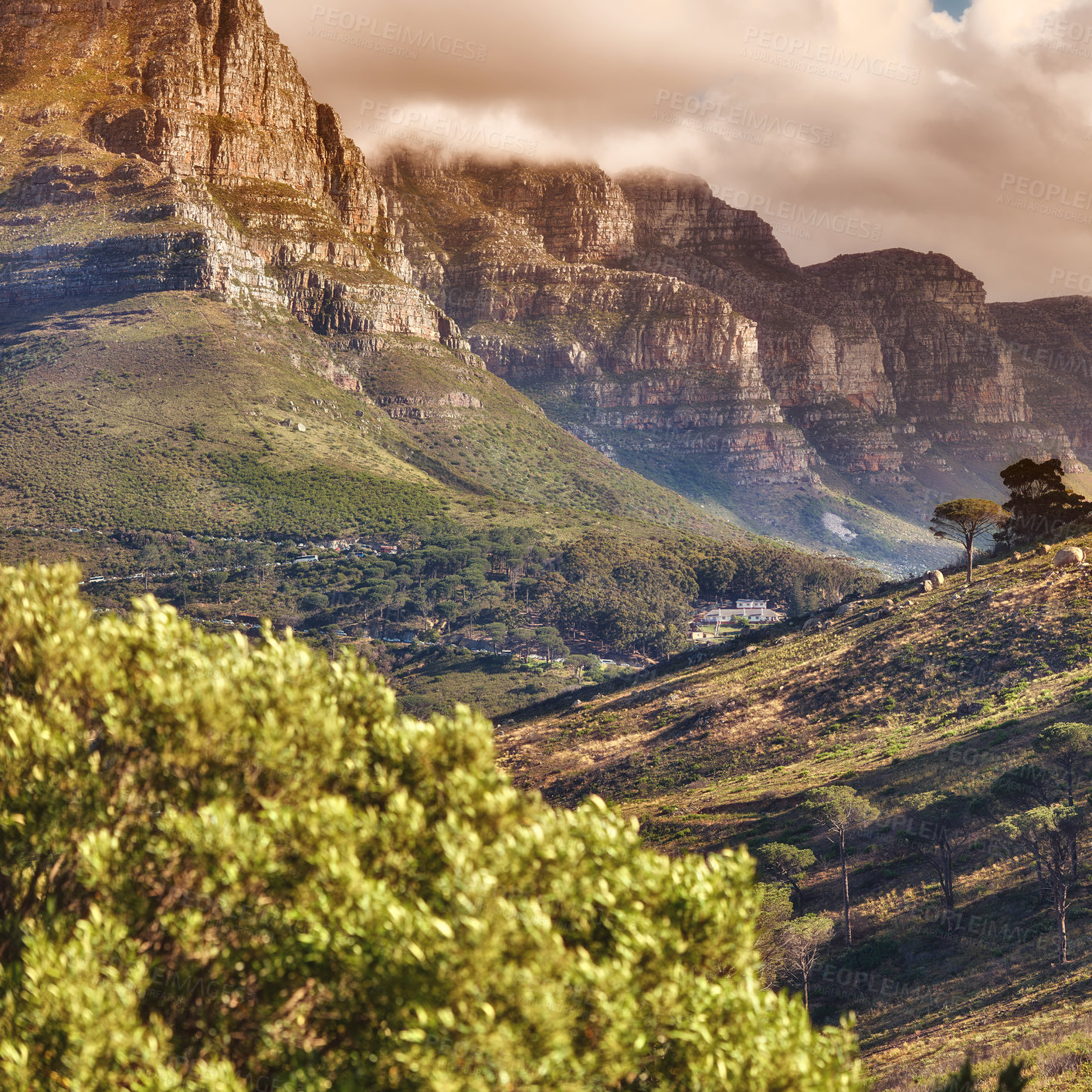 Buy stock photo Beautiful panorama of Table Mountain in Cape Town on a sunny day with copy space. Banner of a bright morning and vibrant nature in South Africa with serene harmony and peaceful landscape views