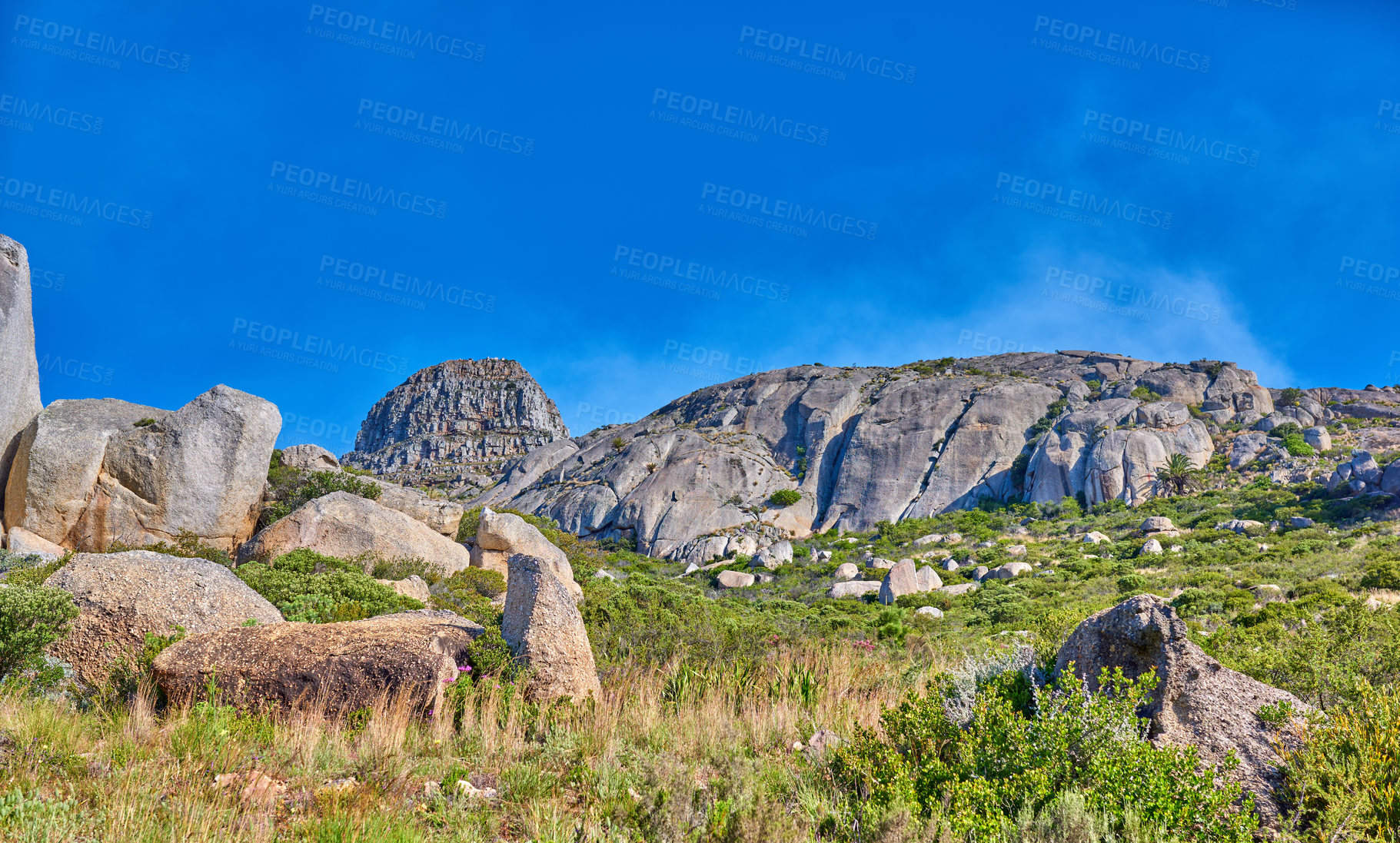 Buy stock photo Copyspace landscape view of Table Mountain in Cape Town, South Africa from below. Scenic popular natural landmark and tourist attraction for hiking and adventure while on a getaway vacation in nature