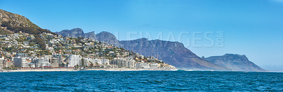 Buy stock photo Coastal view of Cape Town and mountain landscape with a clear blue sky copyspace. A popular travel destination with ocean and city background for tourists and hikers in Table mountain, South Africa
