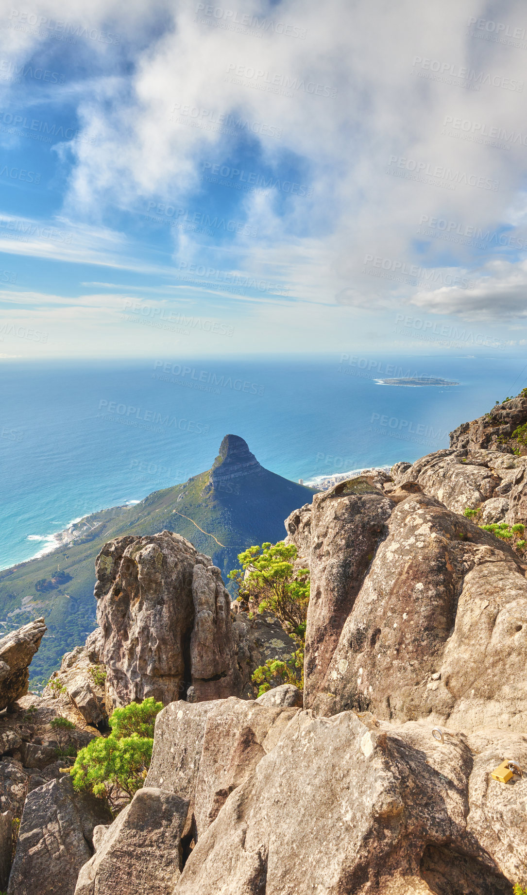 Buy stock photo Aerial view of table Mountain in South Africa on a sunny day with copy space. Peaceful morning with views of the blue ocean and Lions Head in Cape Town. Tranquil, serene and calming harmony in nature