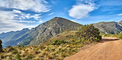 Buy stock photo A hiking trail on a mountain with a cloudy blue sky on a summer day. A footpath surrounded by lush plants and grass outdoors on a spring afternoon. A pathway in nature or mountainside with copy space