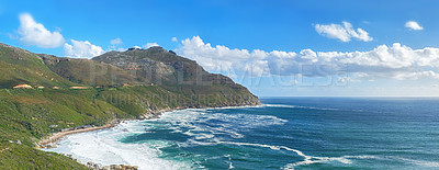 Buy stock photo A photo mountains, coast and ocean from Shapmanns Peak, with Hout Bay in the background. Close to Cape Town