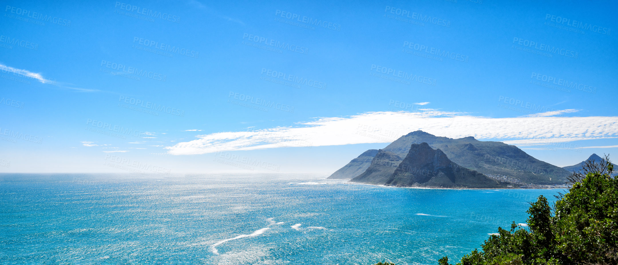Buy stock photo A photo mountains, coast and ocean from Shapmanns Peak, with Hout Bay in the background. Close to Cape Town