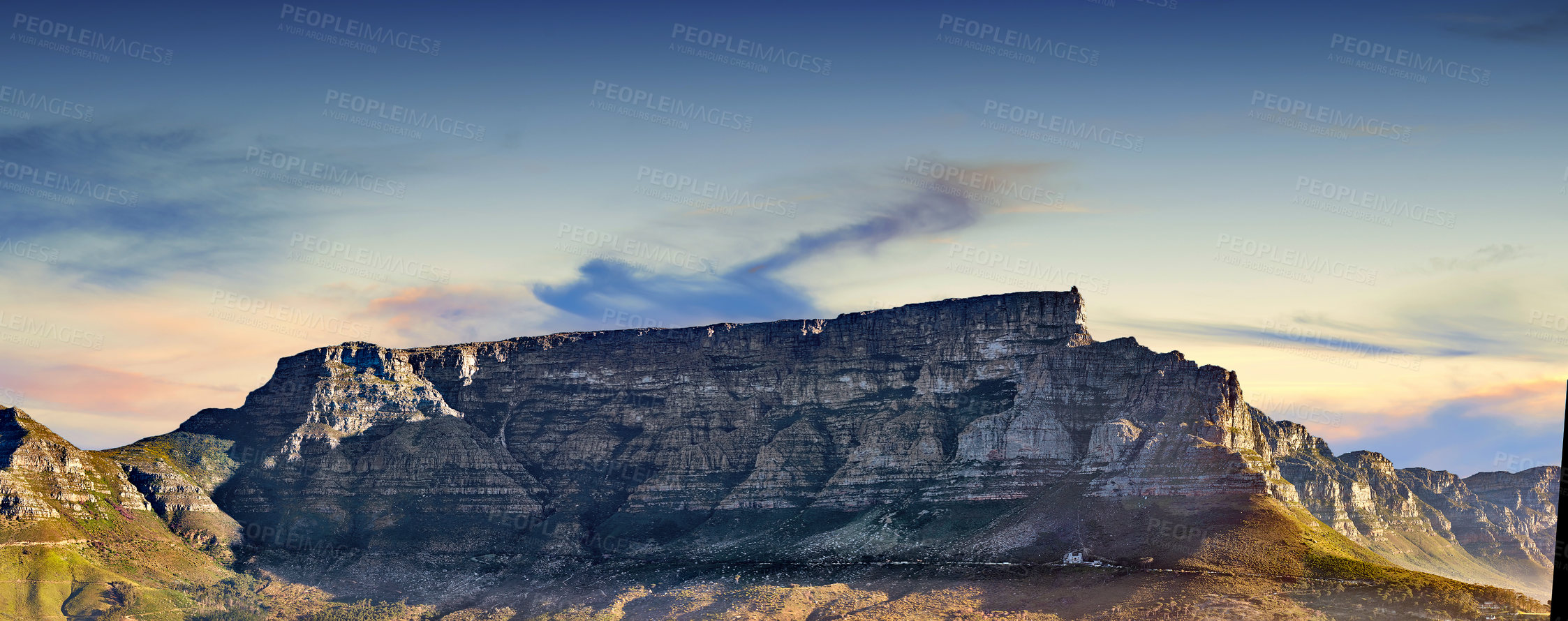 Buy stock photo Copy space with scenic landscape of Table Mountain in Cape Town with cloudy blue sky background. Steep rocky mountainside with green valley. Breathtaking and magnificent views of the beauty in nature