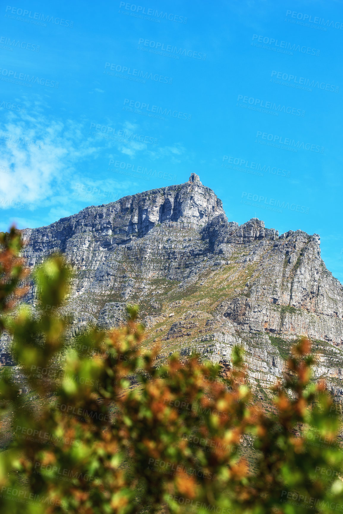Buy stock photo Landscape of a mountain and plants against a blue sky with copy space. A popular travel destination for tourists and hikers to explore. Relaxing view of Table Mountain in Cape Town, Western Cape