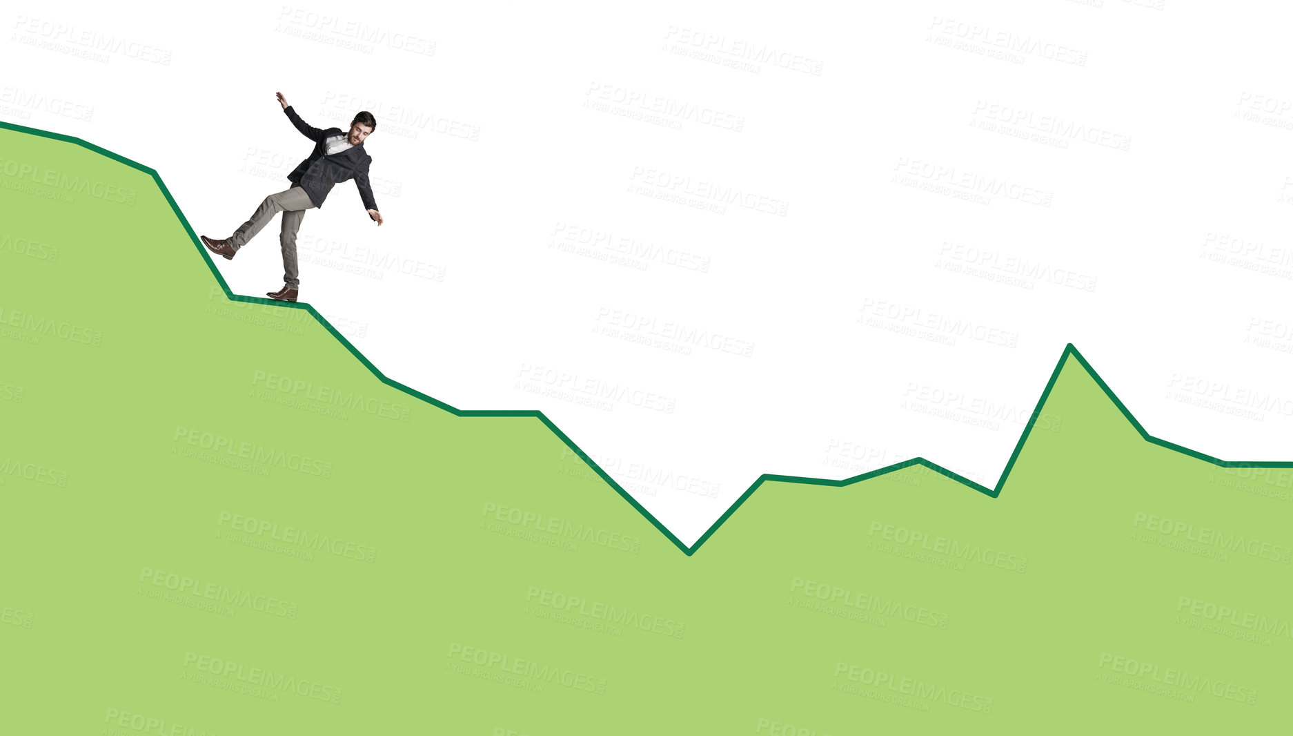 Buy stock photo Shot of a businessman falling off a graph against a white background