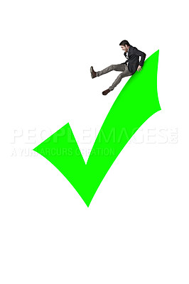 Buy stock photo Man, check mark and professional in studio for business, graphic drawing and white background. Finance, male person and approval symbol for company cash flow, stock market winning and investment