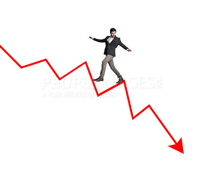 Buy stock photo Shot of a businessman balancing on an arrow pointing down against a white background