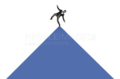 Buy stock photo Shot of a businessman balancing on top of a triangle against a white background