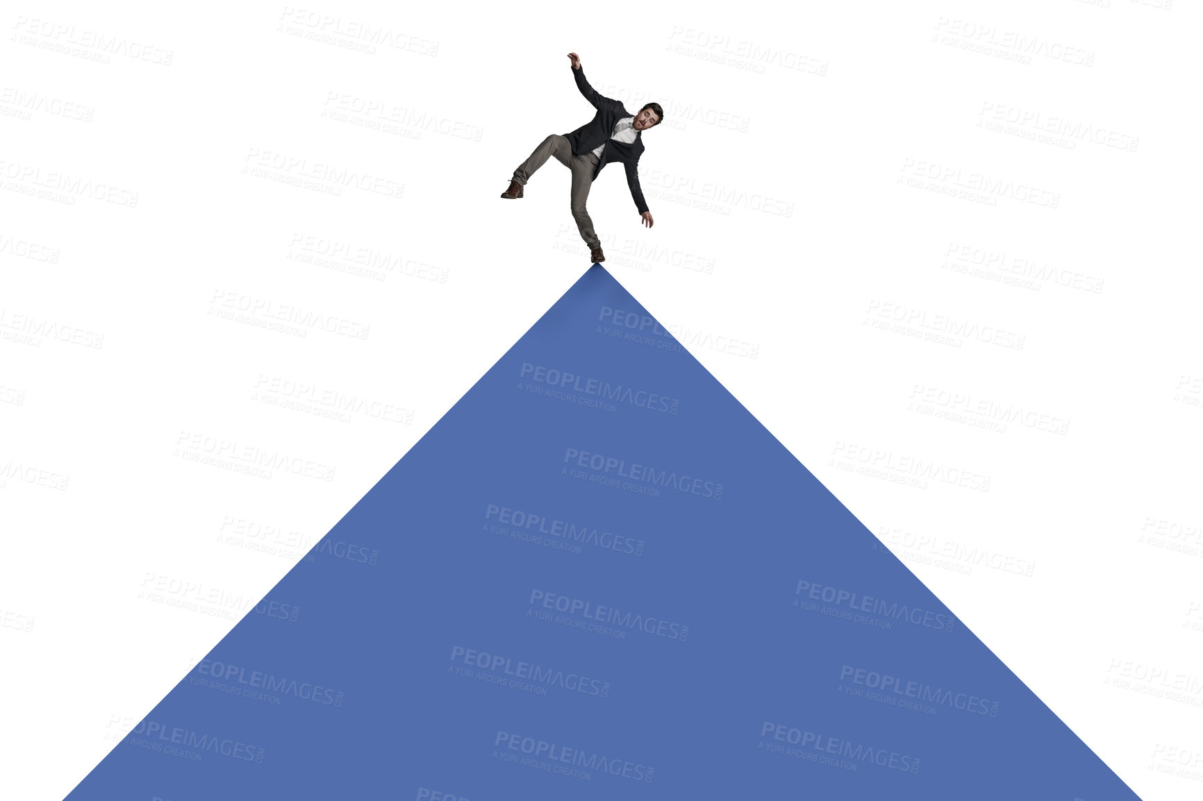 Buy stock photo Shot of a businessman balancing on top of a triangle against a white background