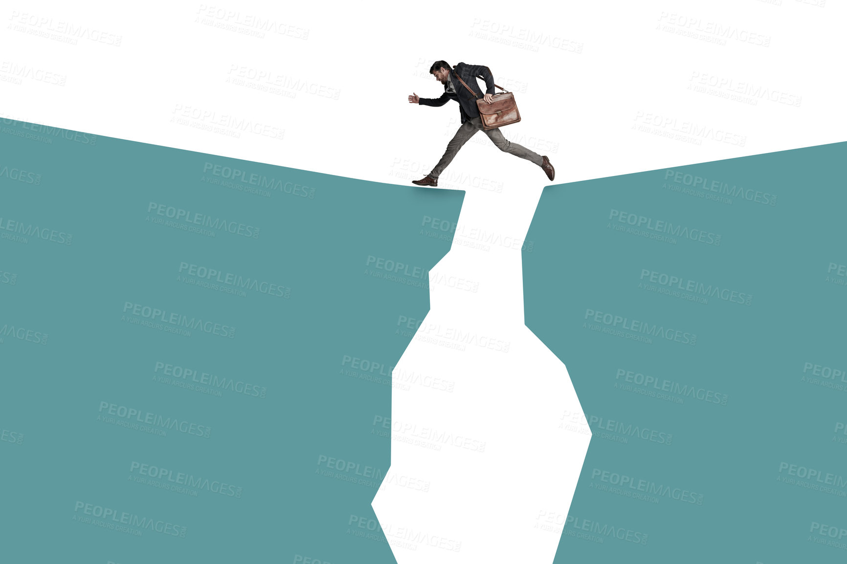 Buy stock photo Shot of a businessman carrying a bag and crossing a mountain against a white background