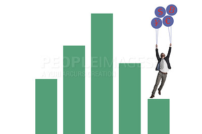 Buy stock photo Shot of a businessman holding on to a bunch of cryptocurrency balloons on top of a graph against a white background