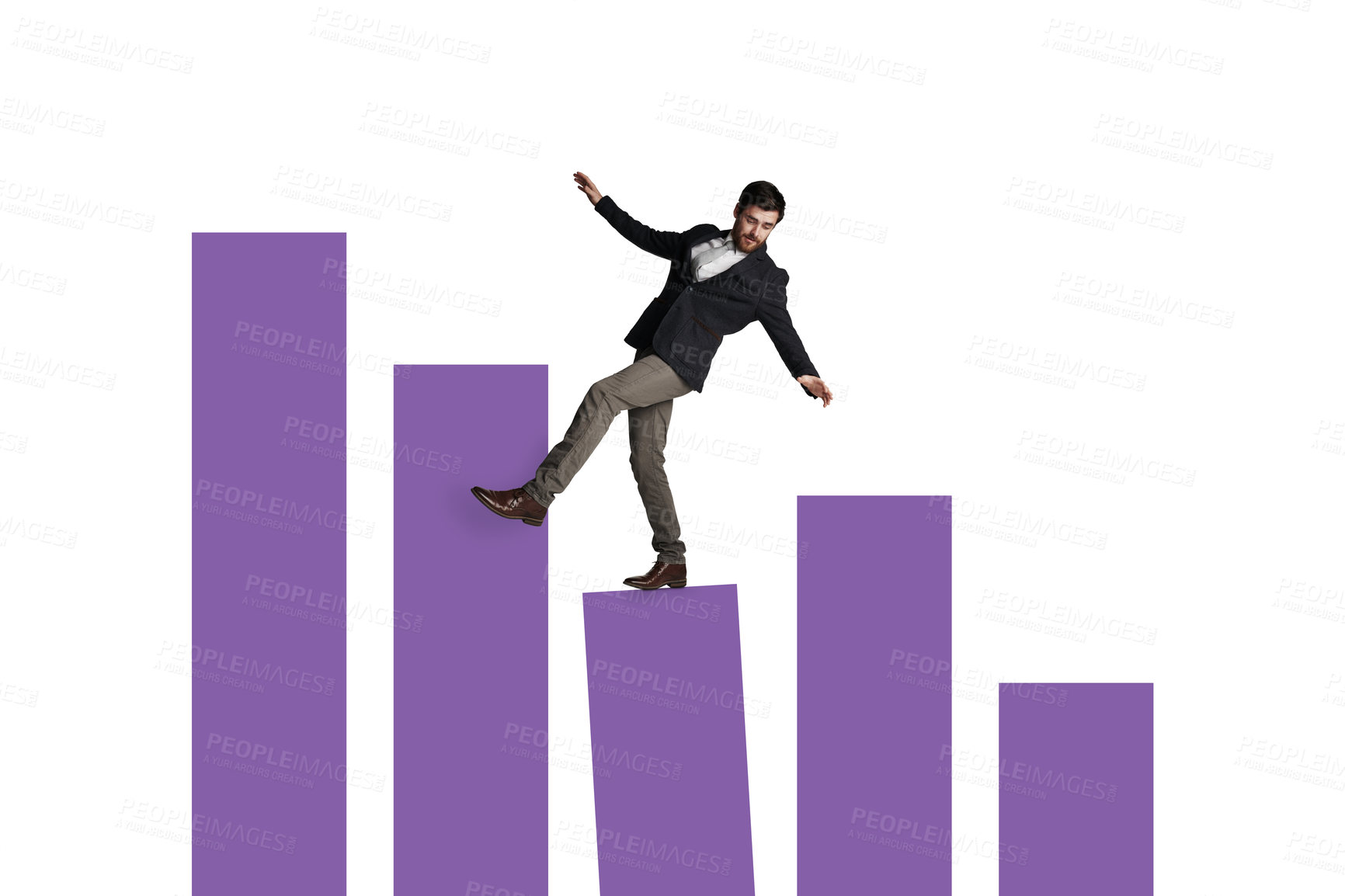 Buy stock photo Shot of a businessman balancing on top of a graph against a white background