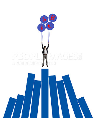 Buy stock photo Shot of a businessman holding on to a bunch of cryptocurrency balloons on top of a graph against a white background