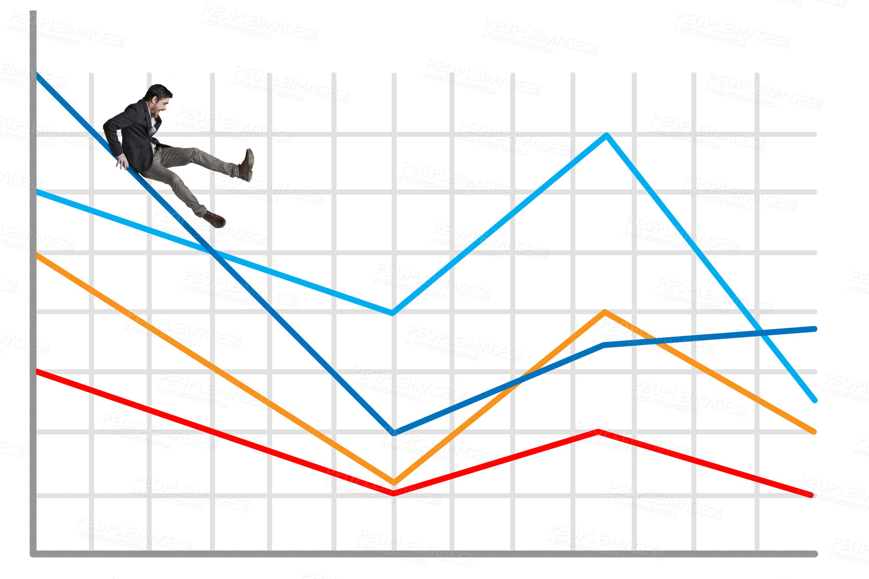 Buy stock photo Shot of a businessman falling off a graph against a white background