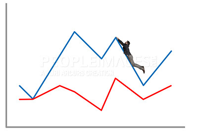 Buy stock photo Shot of a businessman falling off a graph against a white background