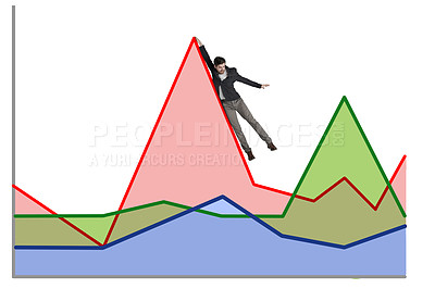 Buy stock photo Shot of a businessman falling off a graph against a white background